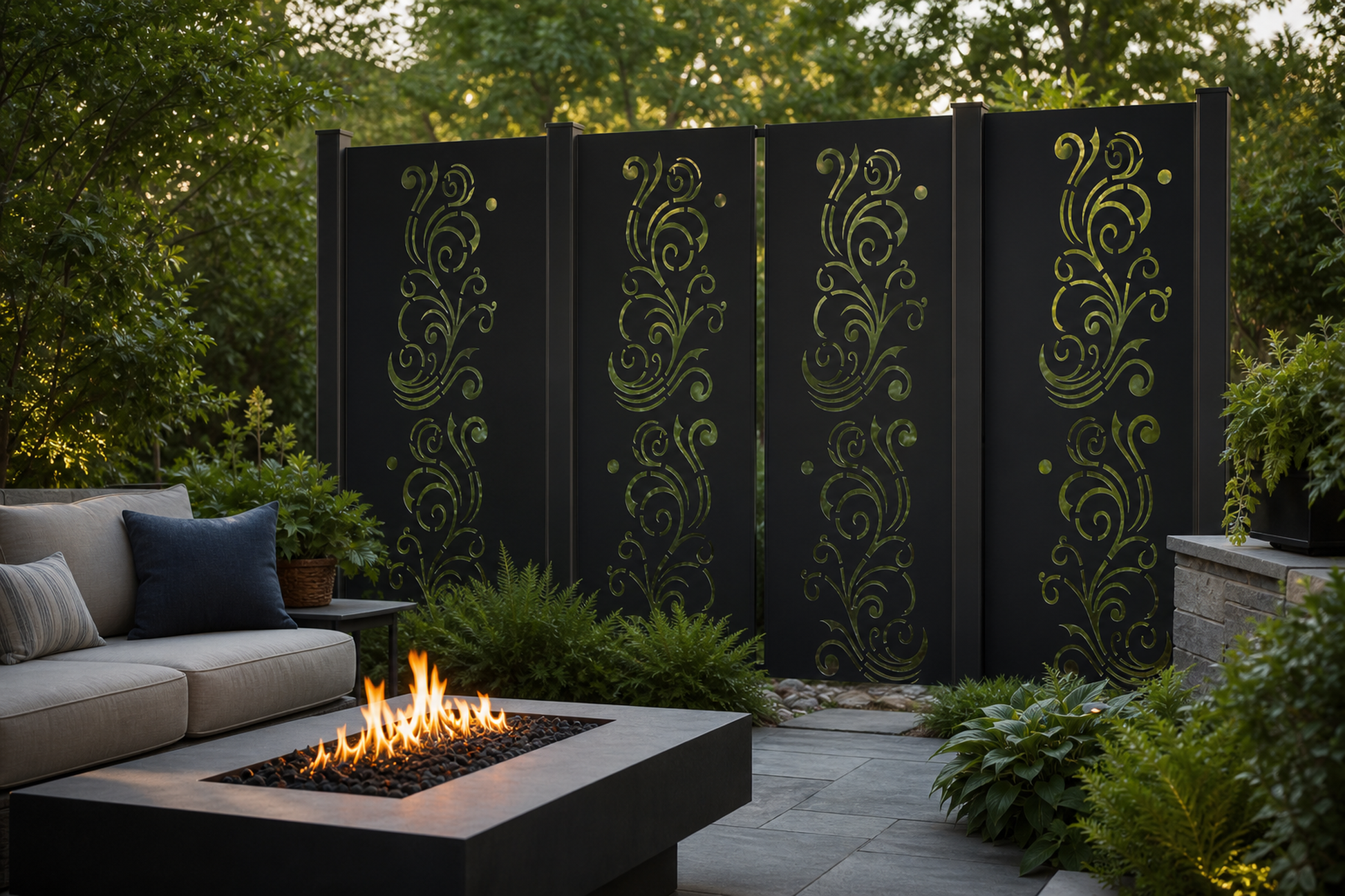 Design 148 Swirl Vine Spray Laser Cut Metal Privacy Screen Panel installed garden daylight view