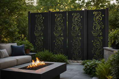 Design 148 Swirl Vine Spray Laser Cut Metal Privacy Screen Panel installed garden daylight view