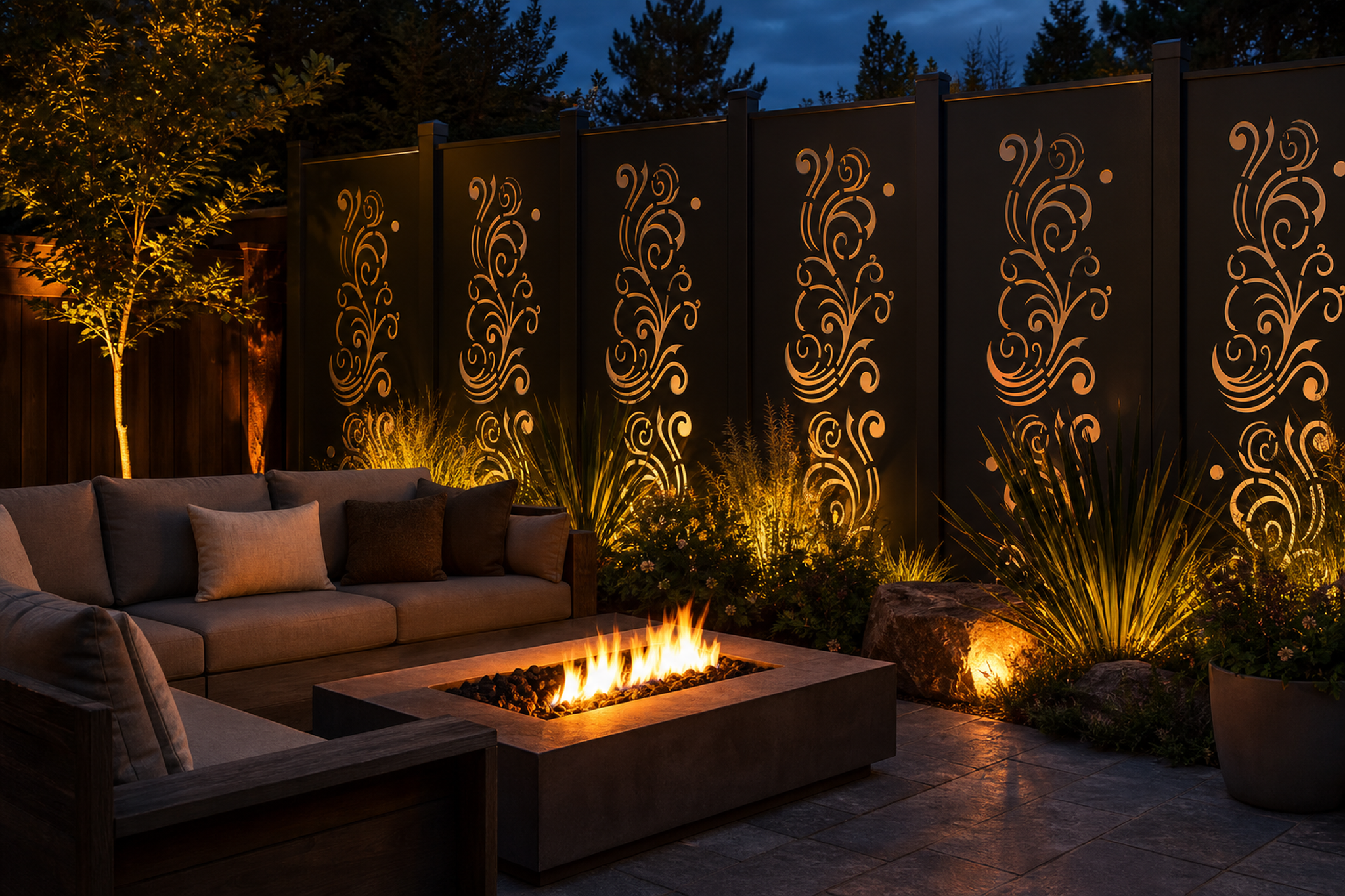 Design 148 Swirl Vine Spray Laser Cut Metal Privacy Screen Panel installed garden night lighting view