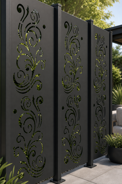 Design 148 Swirl Vine Spray Laser Cut Metal Privacy Screen Panel oblique angle view