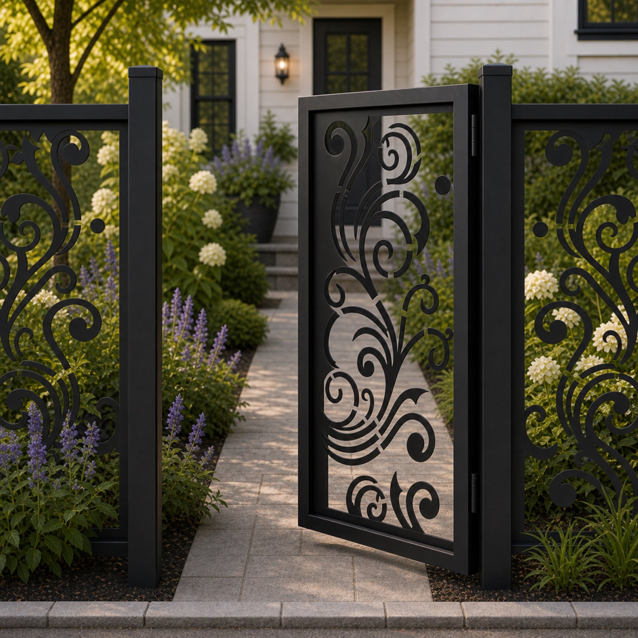 Design 148A open abstract vine black aluminium side gate open view