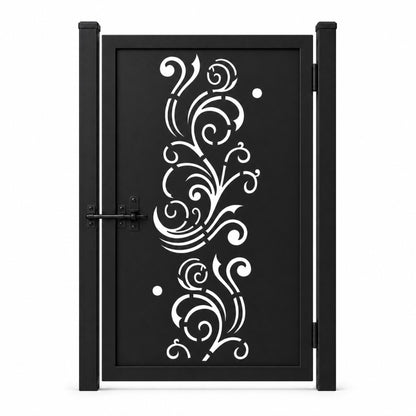 Design 148A open abstract vine black laser cut metal pedestrian gate closed view