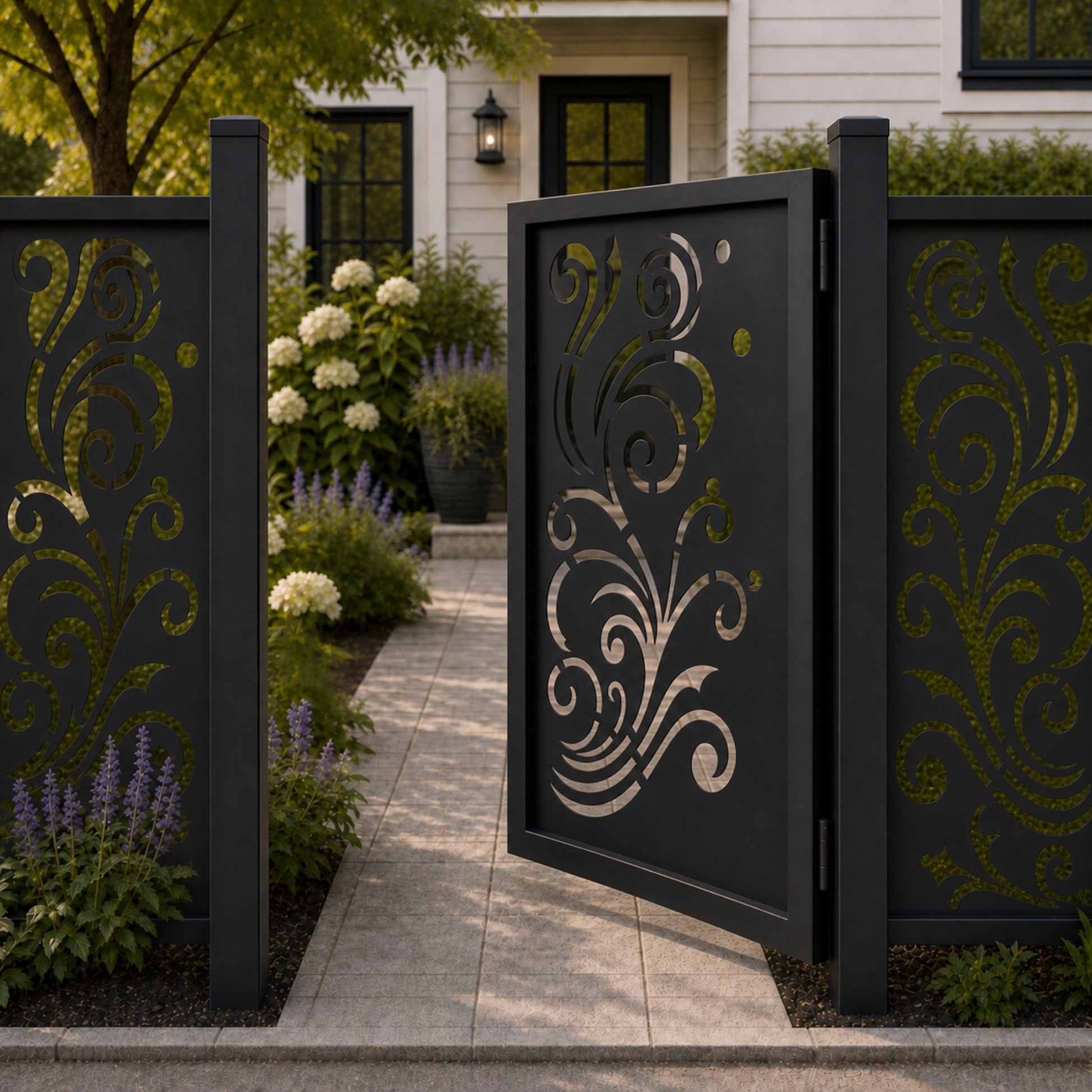 Design 148B open large scroll line black aluminium side gate open view