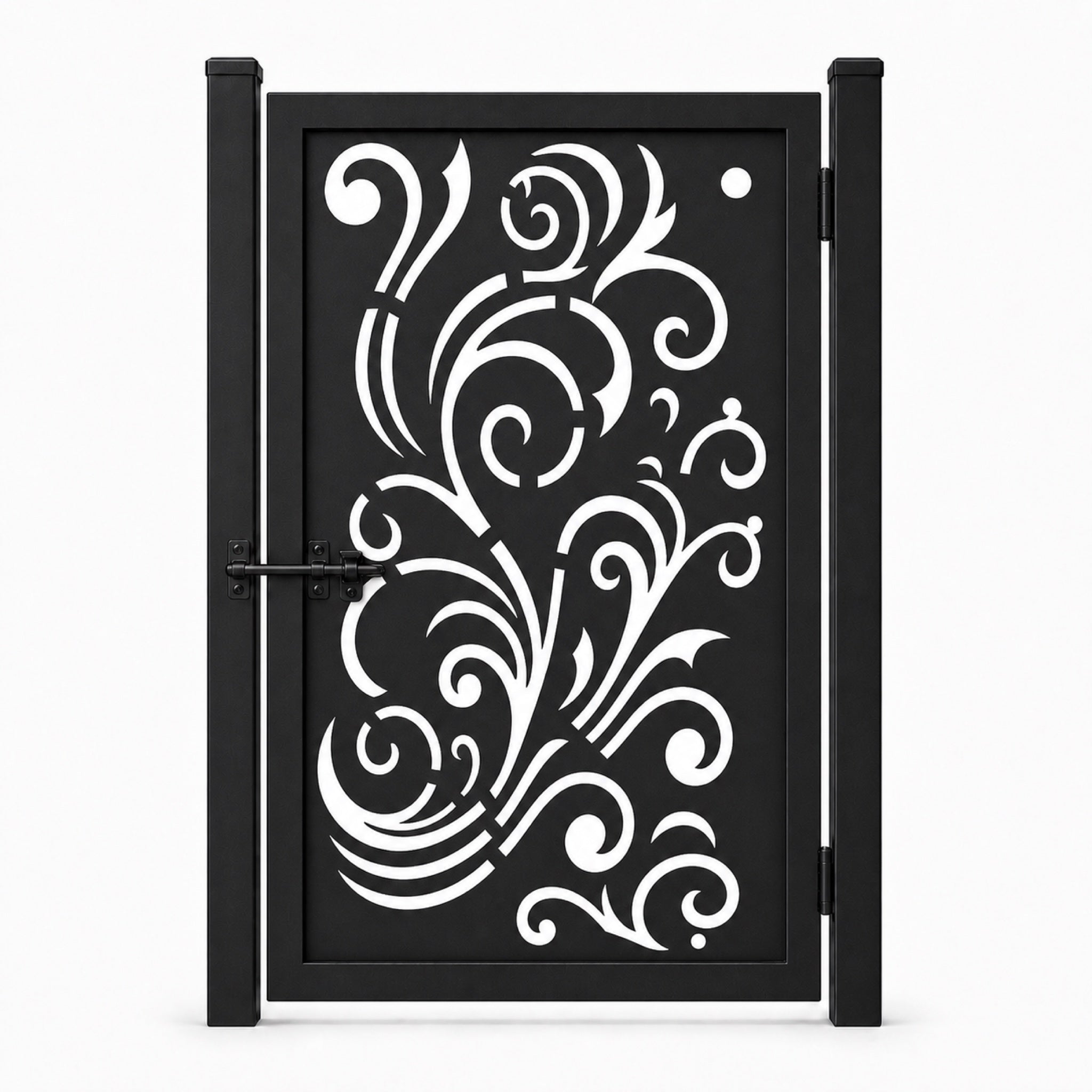 Design 148B open large scroll line black laser cut metal pedestrian gate closed view