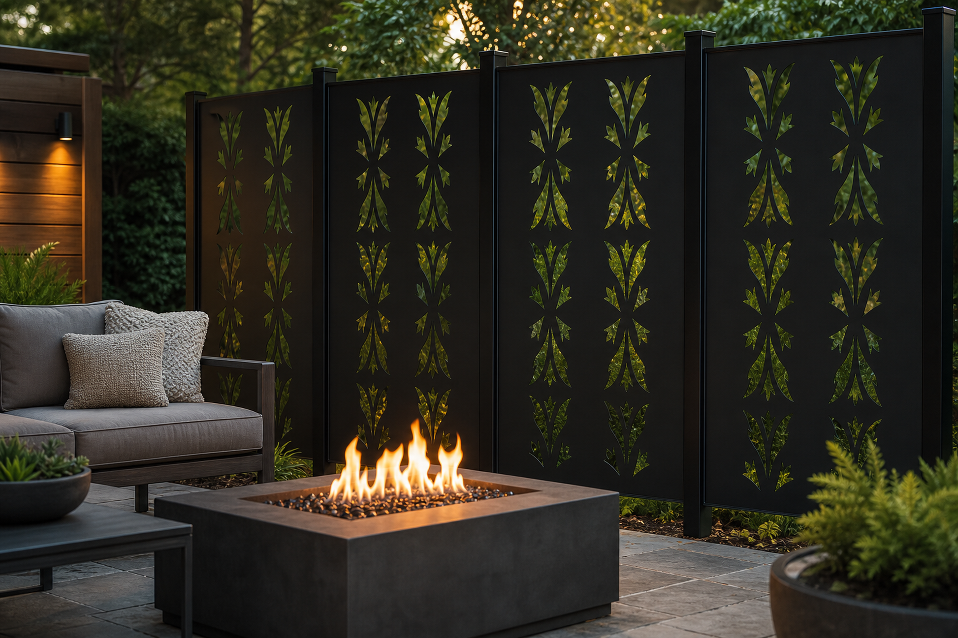 Design 149 Acanthus Leaf Stack Laser Cut Metal Privacy Screen Panel installed garden daylight view