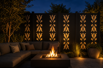Design 149 Acanthus Leaf Stack Laser Cut Metal Privacy Screen Panel installed garden night lighting view