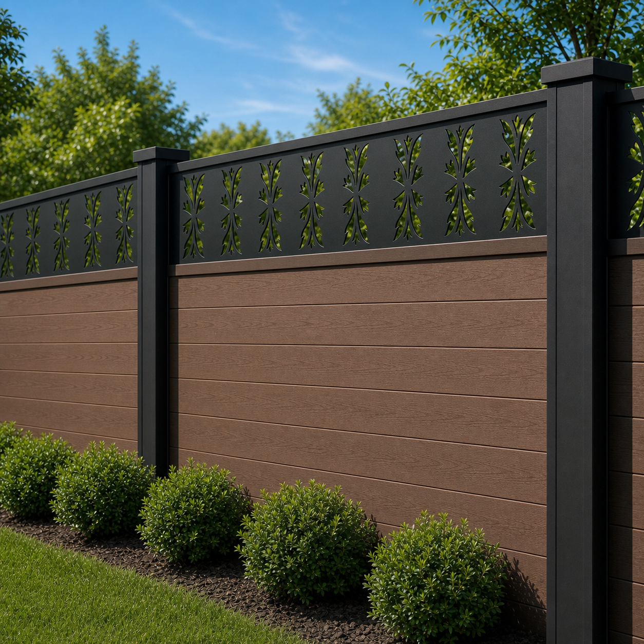 Tall Leaf Prairie laser cut fence extension panel installed on composite fence, angle view, Design 149