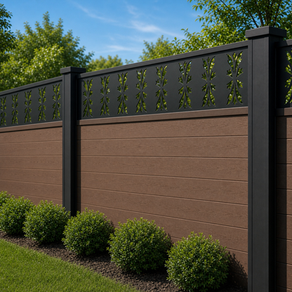 Tall Leaf Prairie laser cut fence extension panel installed on composite fence, angle view, Design 149