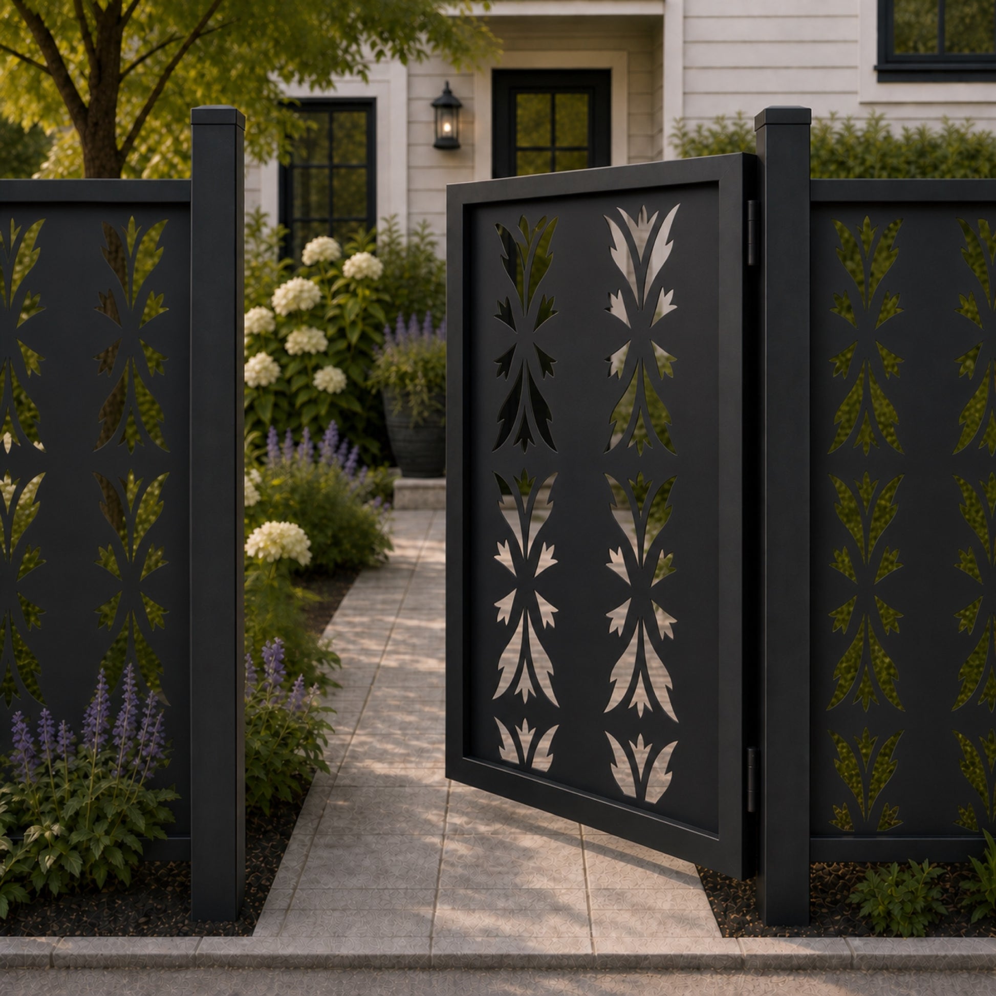Design 149A pointed leaf crest black aluminium side gate open view