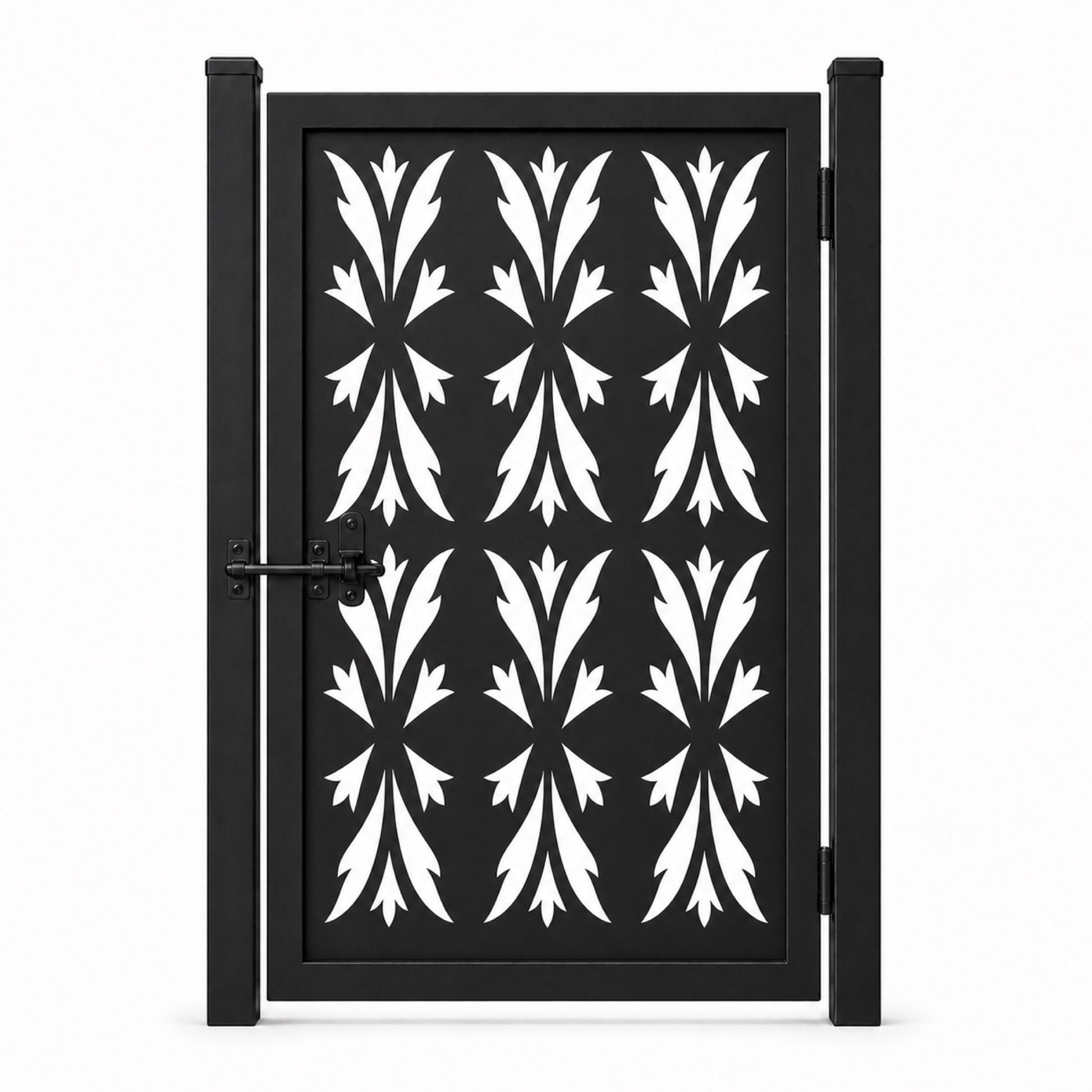 Design 149A pointed leaf crest black laser cut metal pedestrian gate closed view