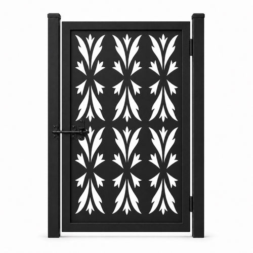 Design 149A pointed leaf crest black laser cut metal pedestrian gate closed view