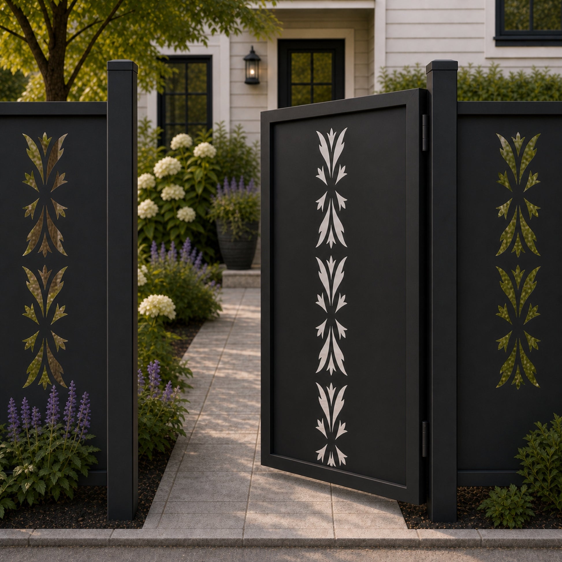 Design 149B three section pointed leaf black aluminium side gate open view