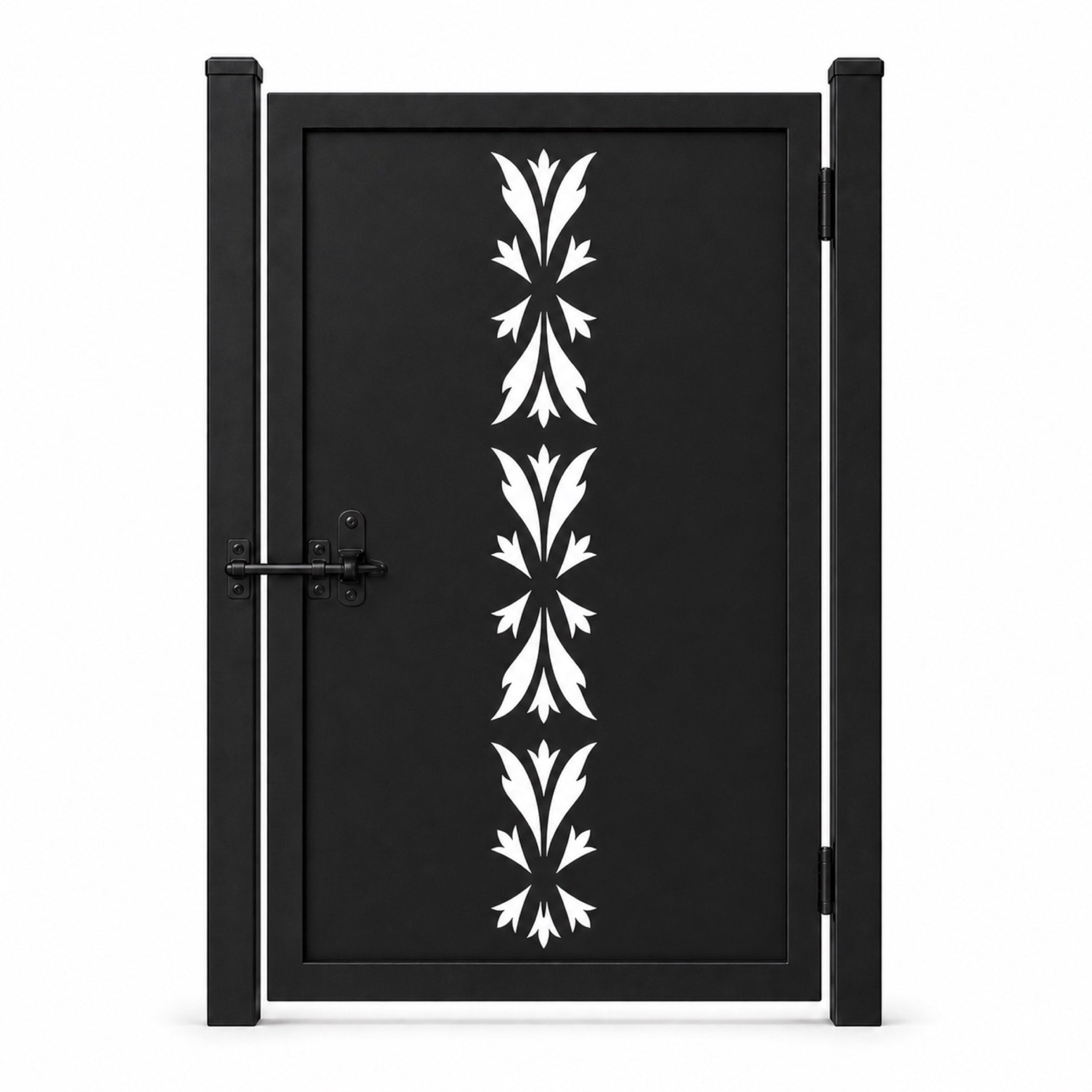 Design 149B three section pointed leaf black laser cut metal pedestrian gate closed view