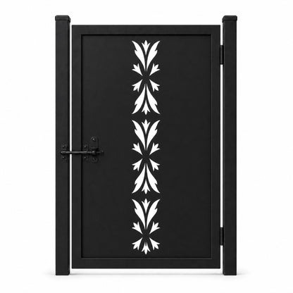 Design 149B three section pointed leaf black laser cut metal pedestrian gate closed view