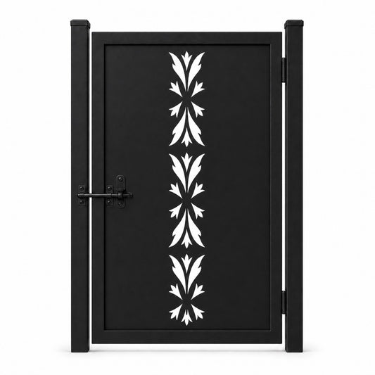 Design 149B three section pointed leaf black laser cut metal pedestrian gate closed view