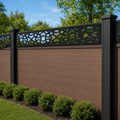 Bold Cobblestone Lattice laser cut fence extension panel installed on composite fence, angle view, Design 150