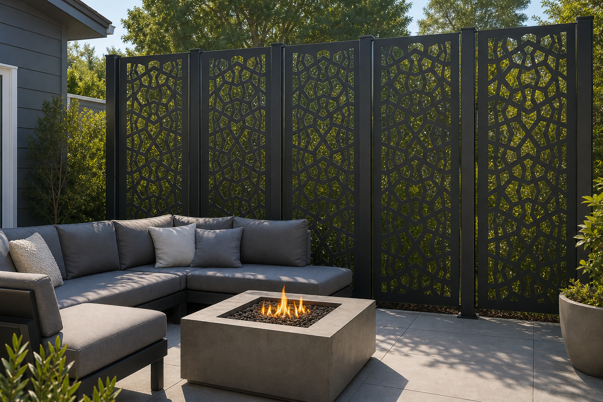 Design 150 Stone Lattice Laser Cut Metal Privacy Screen Panel installed garden daylight view