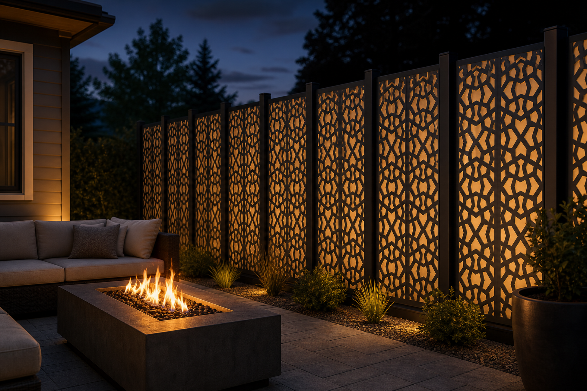 Design 150 Stone Lattice Laser Cut Metal Privacy Screen Panel installed garden night lighting view