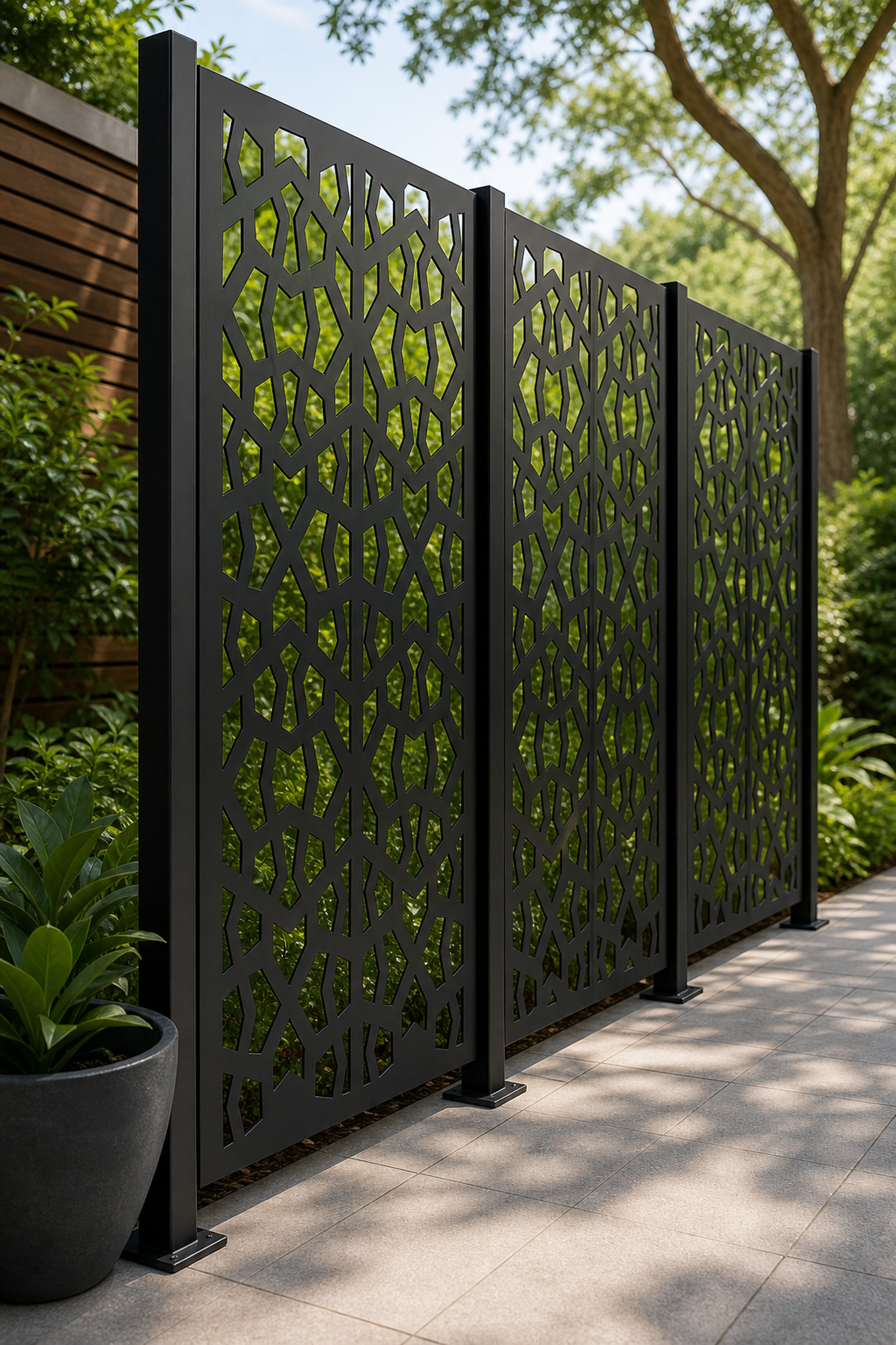 Design 150 Stone Lattice Laser Cut Metal Privacy Screen Panel oblique angle view