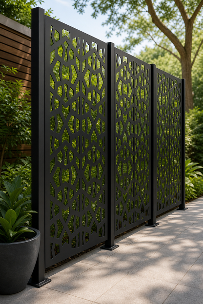 Design 150 Stone Lattice Laser Cut Metal Privacy Screen Panel oblique angle view