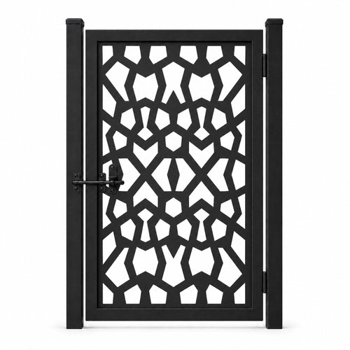 Design 150A geometric arrow polygon black laser cut metal pedestrian gate closed view