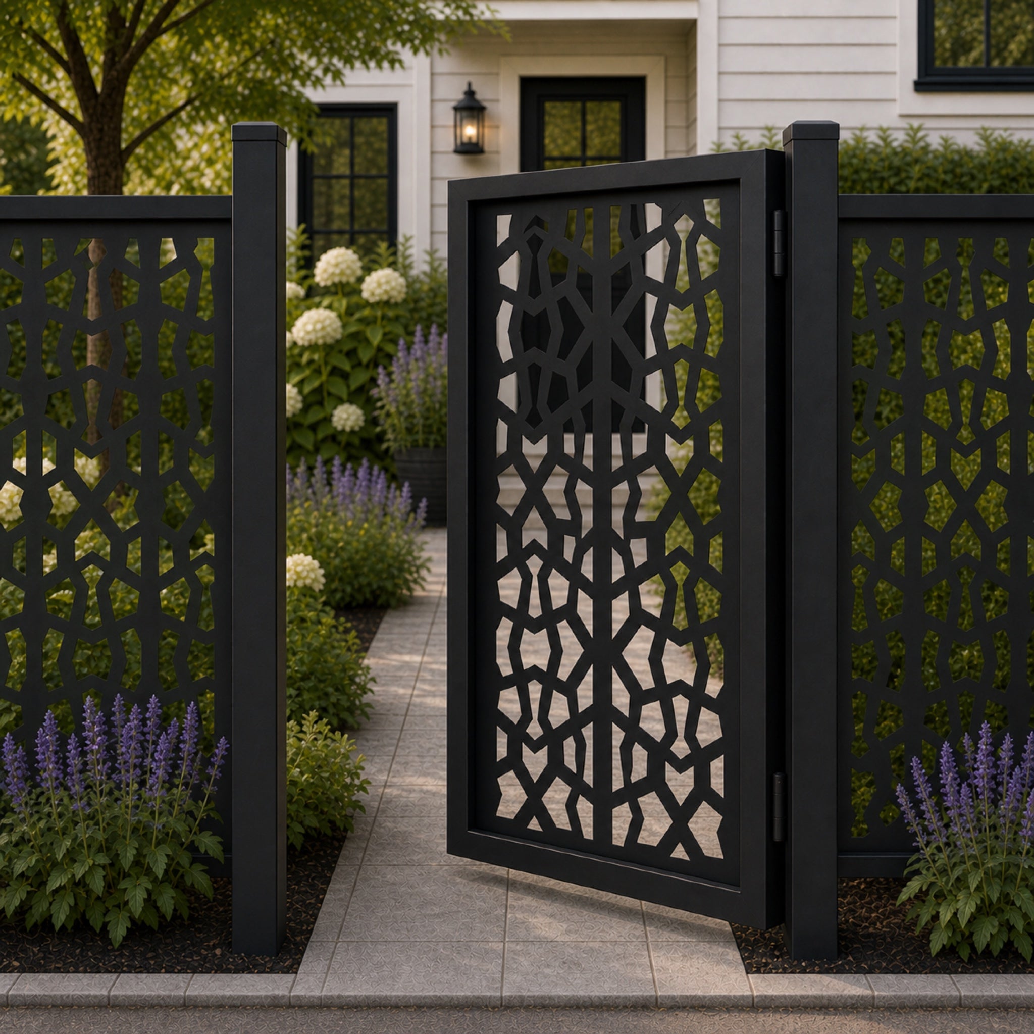 Design 150B dense geometric fragment black aluminium side gate open view