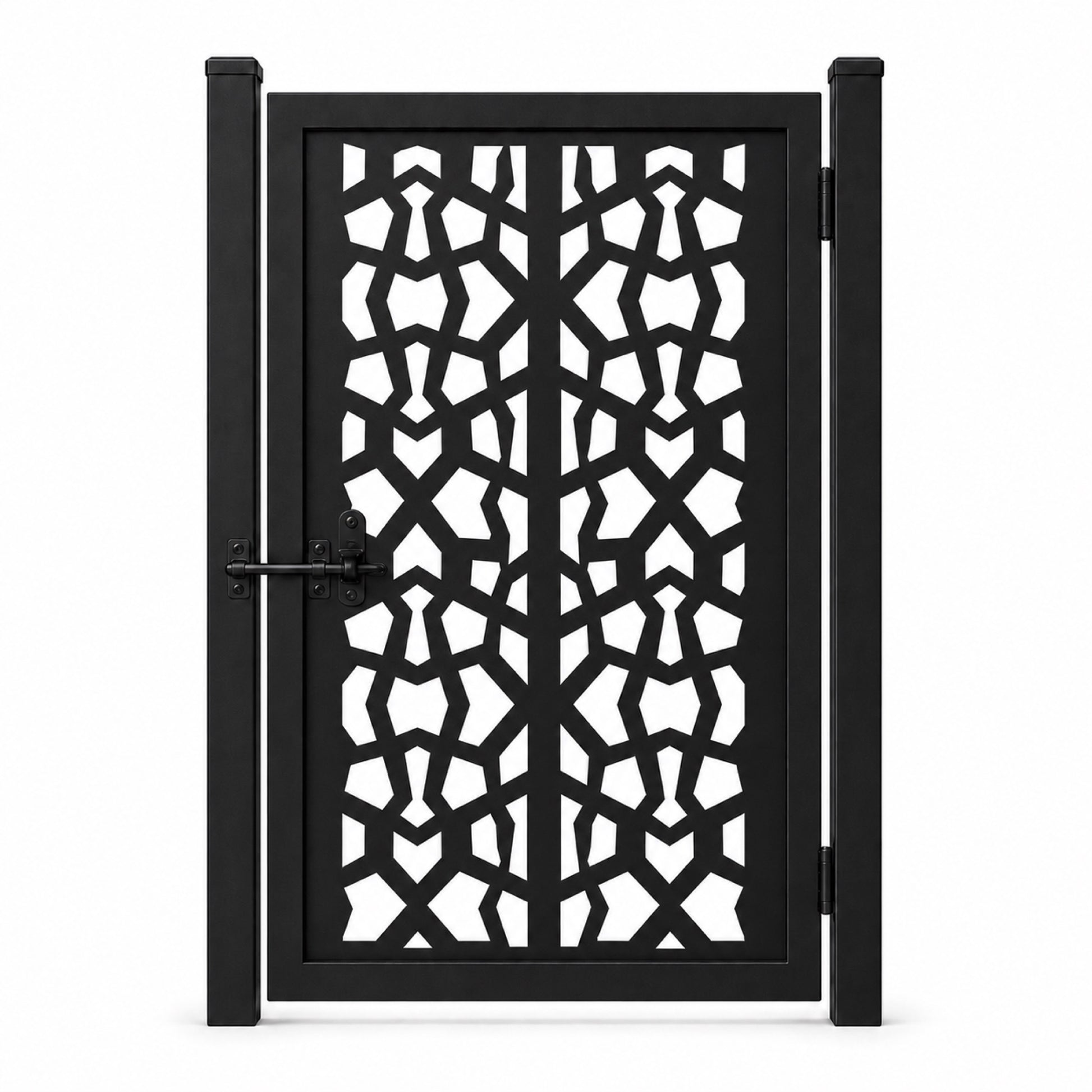 Design 150B dense geometric fragment black laser cut metal pedestrian gate closed view