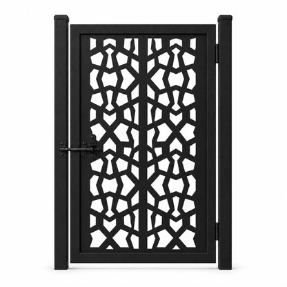 Design 150B dense geometric fragment black laser cut metal pedestrian gate closed view