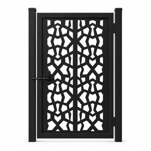 Design 150B dense geometric fragment black laser cut metal pedestrian gate closed view