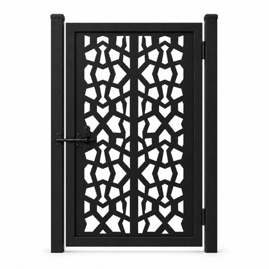 Design 150B dense geometric fragment black laser cut metal pedestrian gate closed view