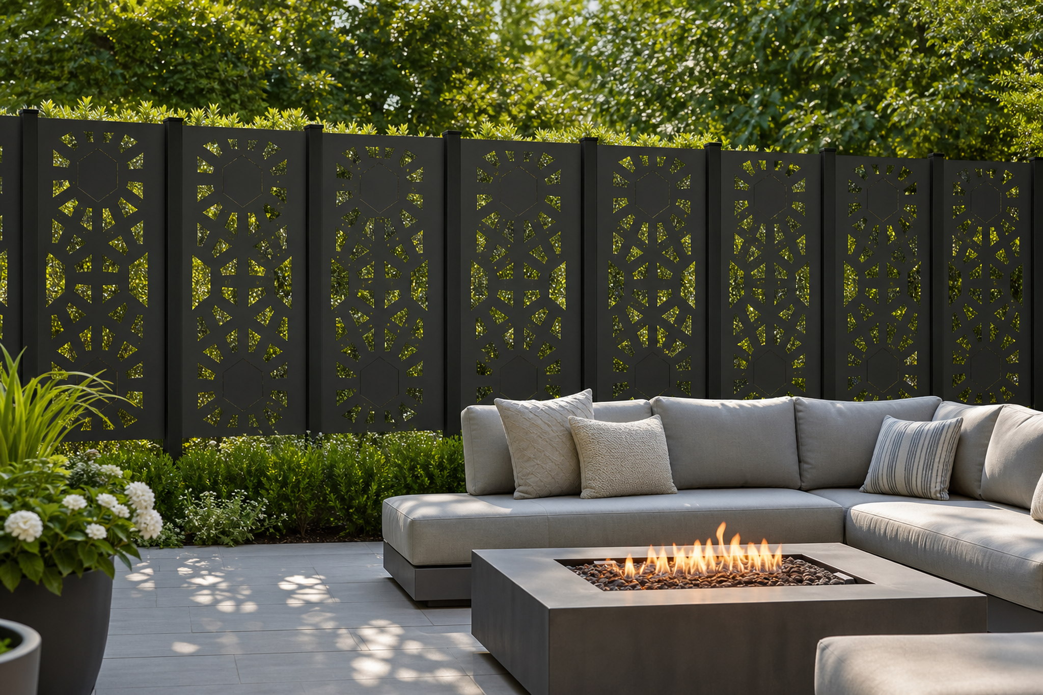 Design 151 Diamond Link Lattice Laser Cut Metal Privacy Screen Panel installed garden daylight view
