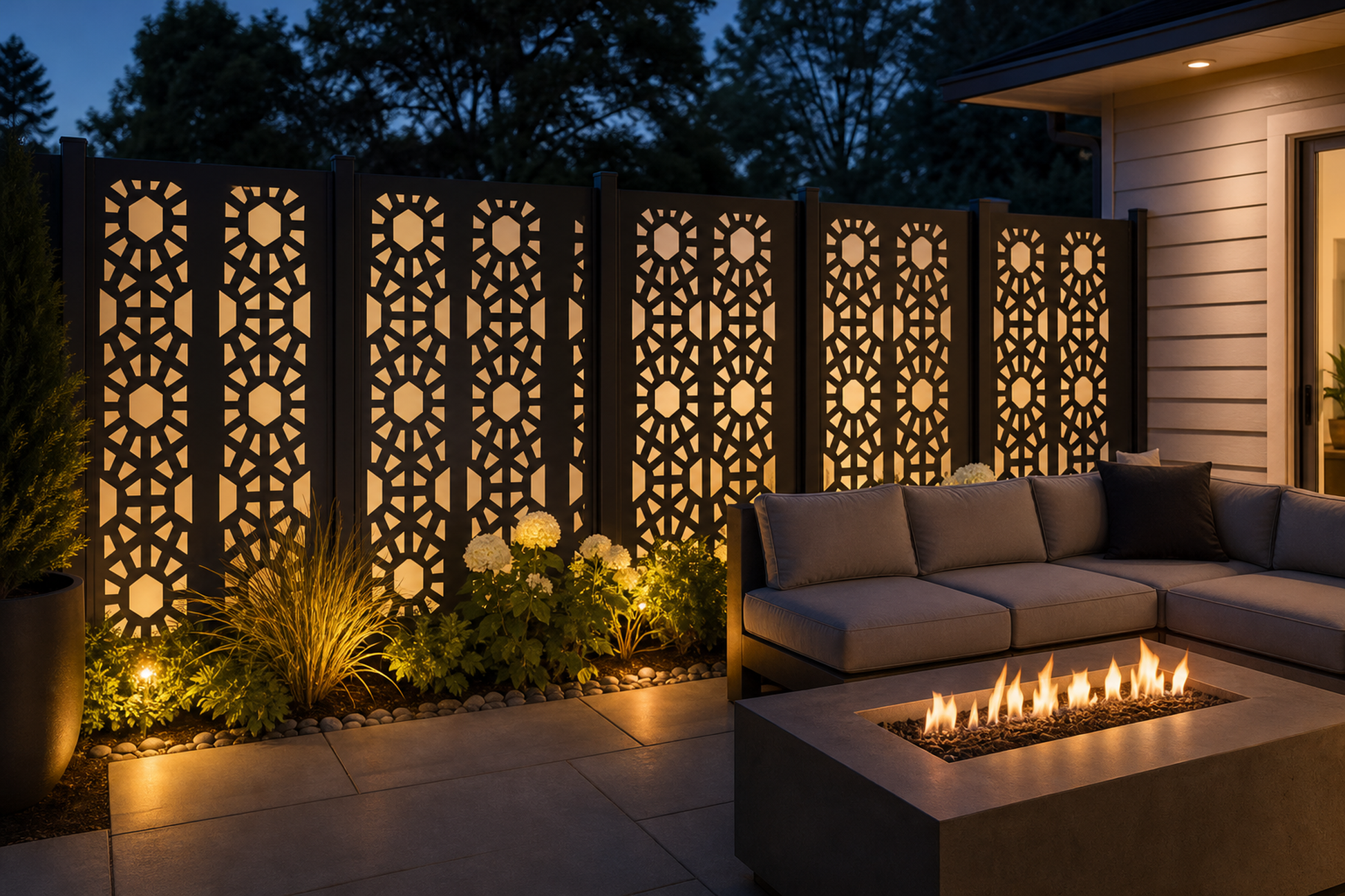 Design 151 Diamond Link Lattice Laser Cut Metal Privacy Screen Panel installed garden night lighting view