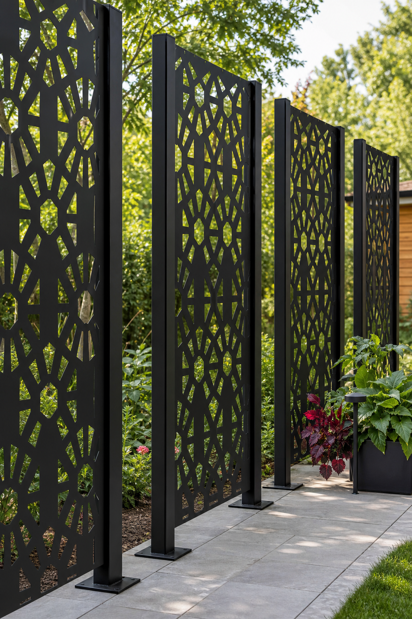 Design 151 Diamond Link Lattice Laser Cut Metal Privacy Screen Panel oblique angle view