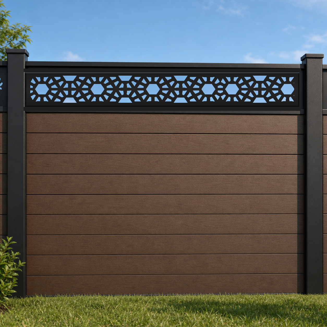 Large Stone Lattice metal fence topper installed above WPC composite privacy fence, front view, Design 151