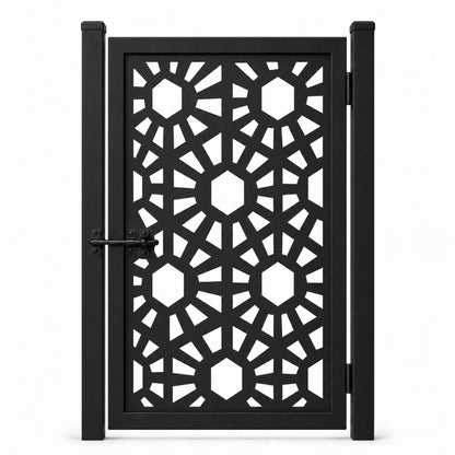 Design 151A hexagon radiating geometric black laser cut metal pedestrian gate closed view