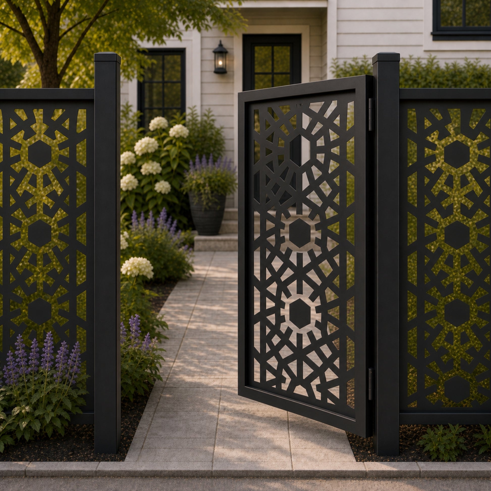 Design 151B hexagonal radiating geometric black aluminium side gate open view