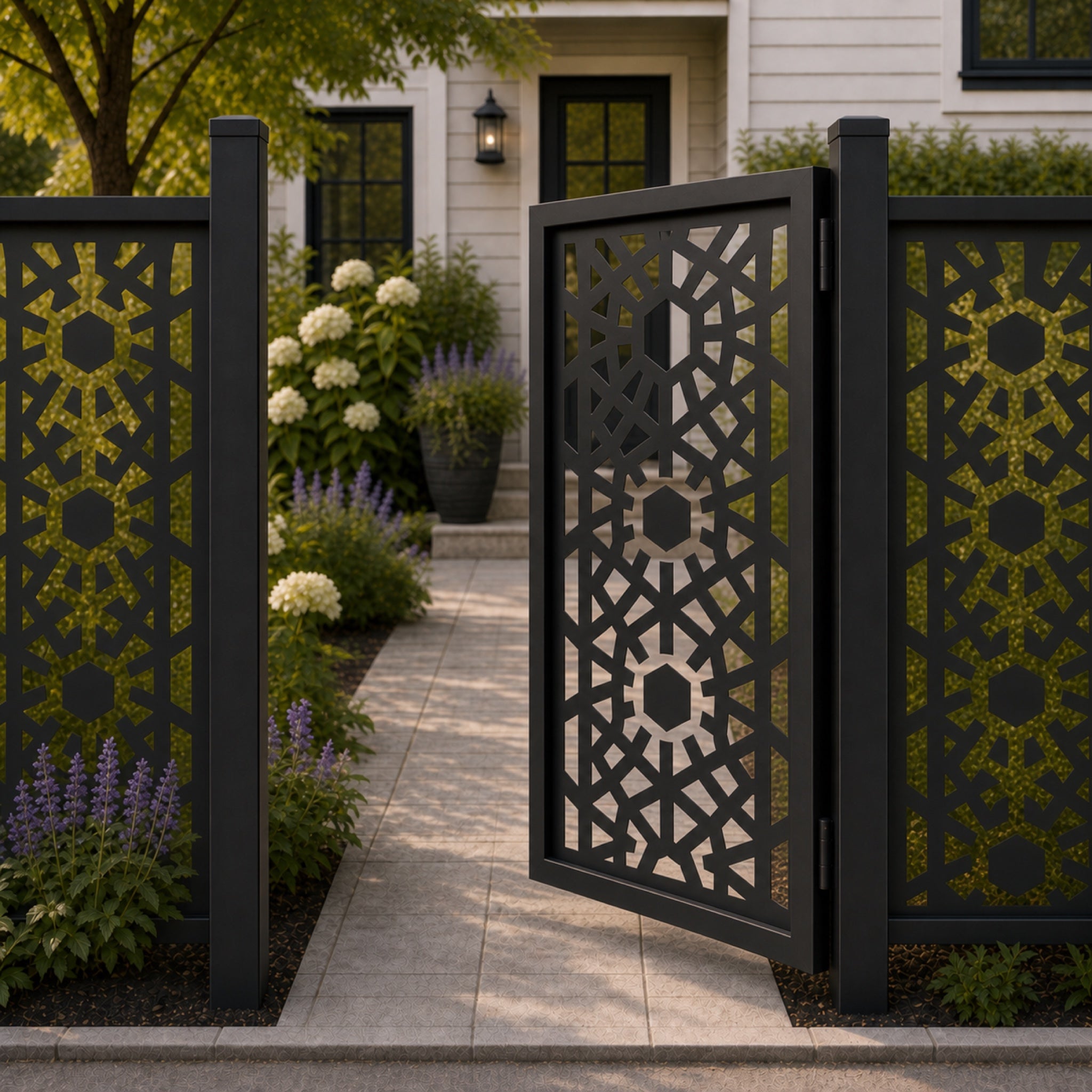Design 151B hexagonal radiating geometric black aluminium side gate open view