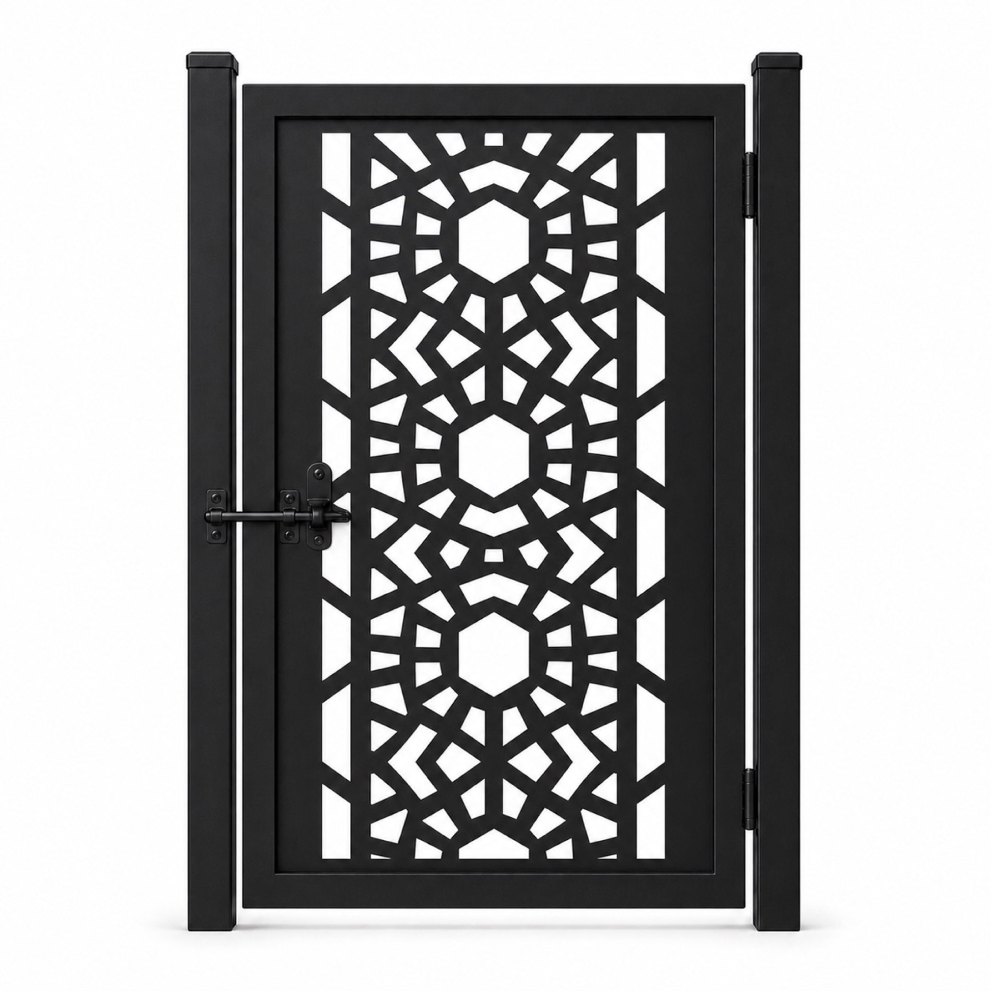 Design 151B hexagonal radiating geometric black laser cut metal pedestrian gate closed view