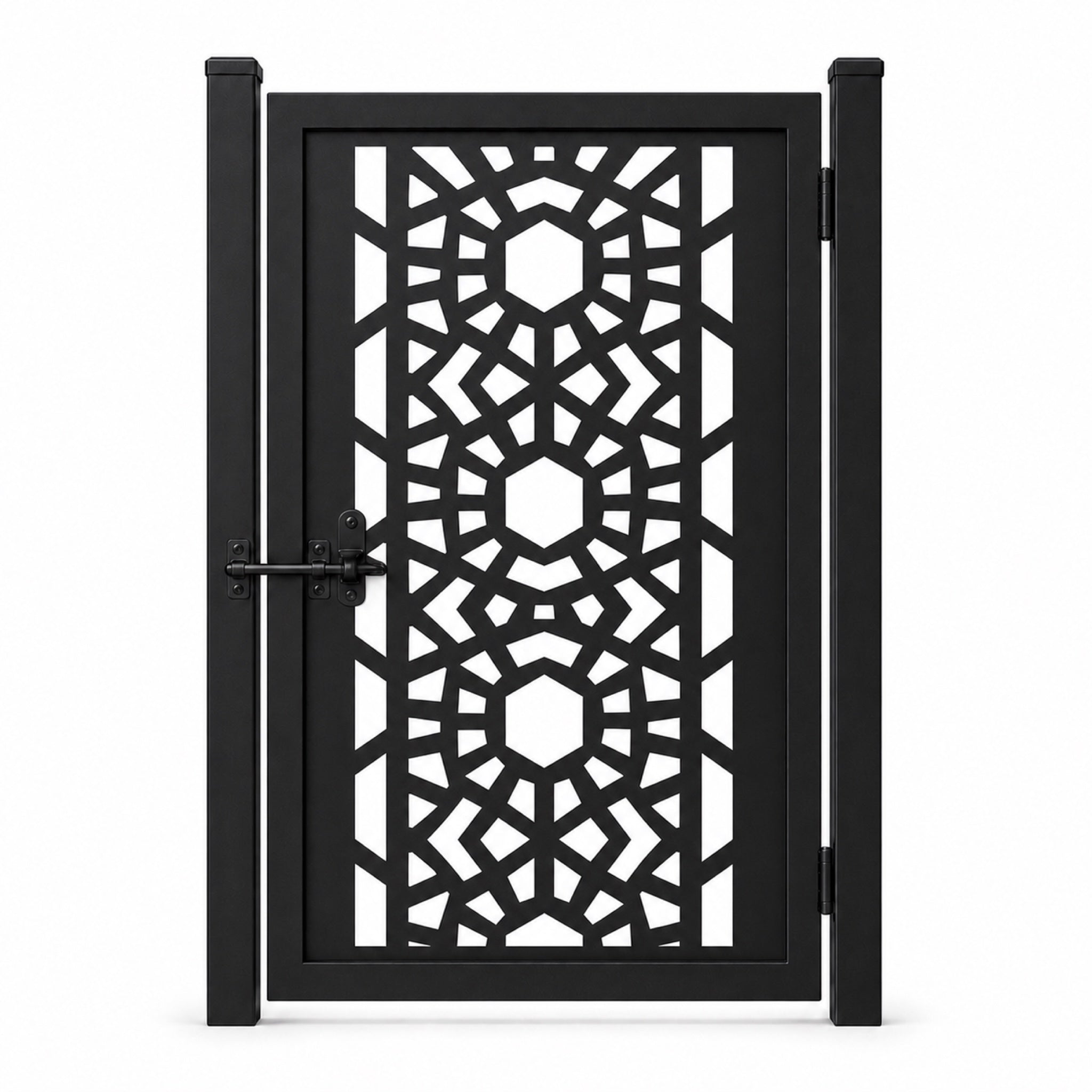 Design 151B hexagonal radiating geometric black laser cut metal pedestrian gate closed view
