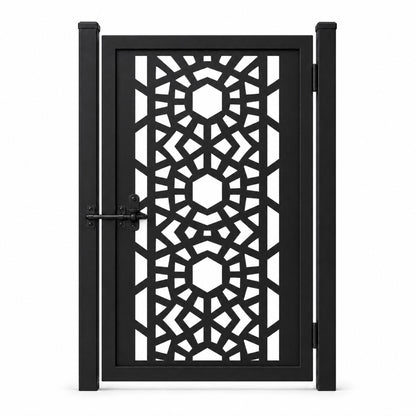 Design 151B hexagonal radiating geometric black laser cut metal pedestrian gate closed view