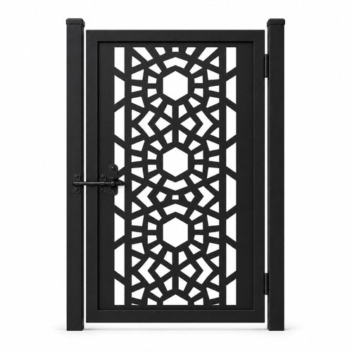 Design 151B hexagonal radiating geometric black laser cut metal pedestrian gate closed view