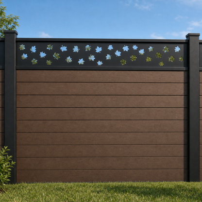 Minimal Dot Rail metal fence topper installed above WPC composite privacy fence, front view, Design 152