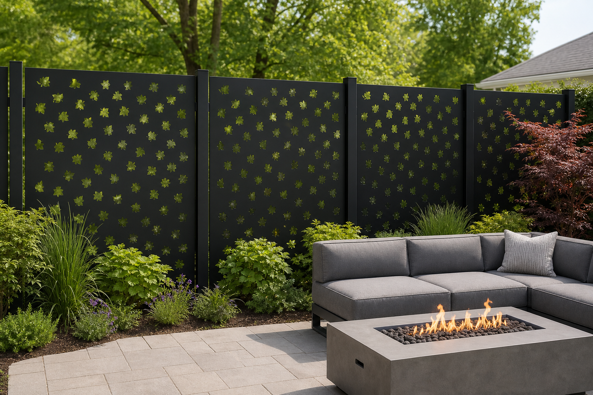 Design 152 Small Flower Field Laser Cut Metal Privacy Screen Panel installed garden daylight view