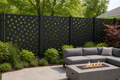 Design 152 Small Flower Field Laser Cut Metal Privacy Screen Panel installed garden daylight view