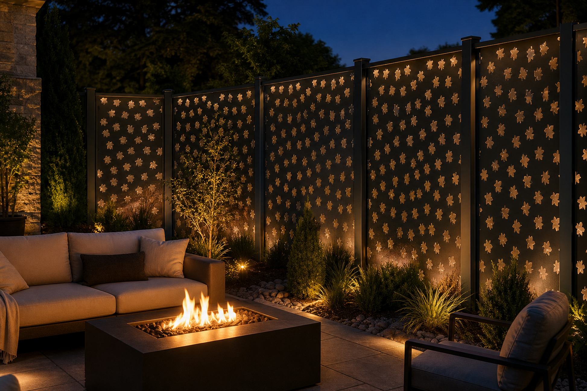 Design 152 Small Flower Field Laser Cut Metal Privacy Screen Panel installed garden night lighting view