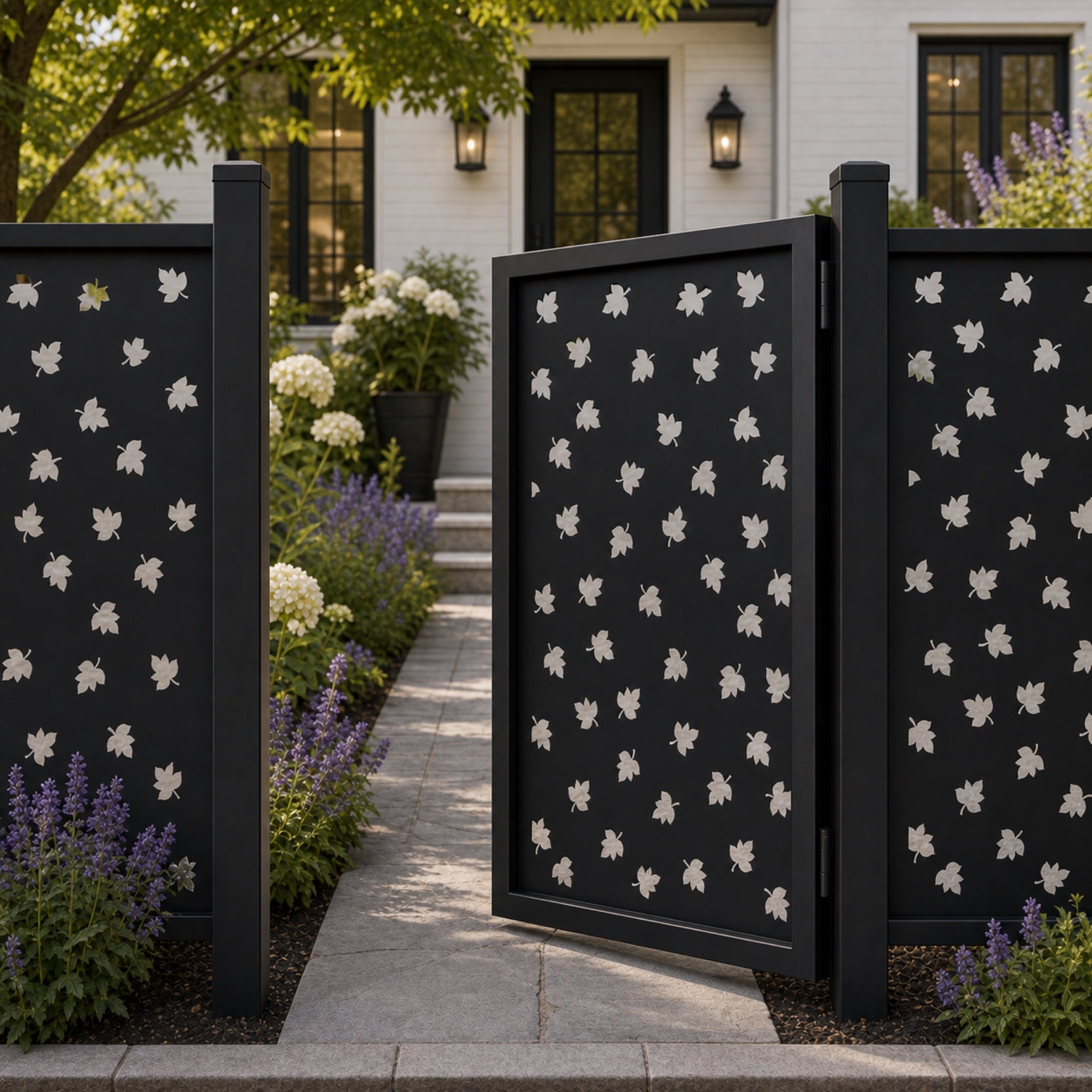 Design 152A allover scattered small leaf black aluminium side gate open view