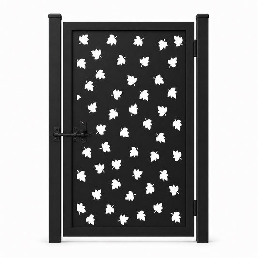 Design 152A allover scattered small leaf black laser cut metal pedestrian gate closed view
