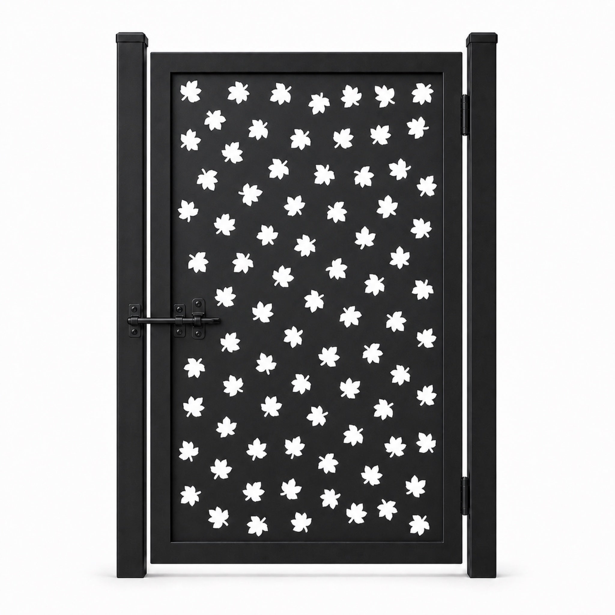 Design 152B scattered small leaf black laser cut metal pedestrian gate closed view
