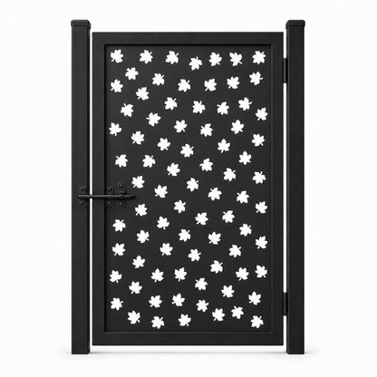 Design 152B scattered small leaf black laser cut metal pedestrian gate closed view