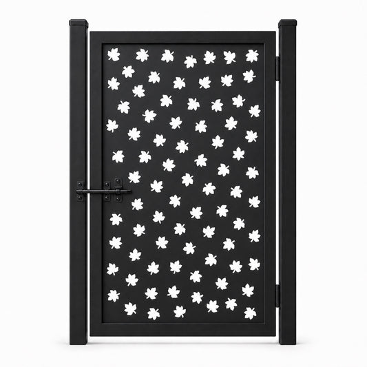 Design 152B scattered small leaf black laser cut metal pedestrian gate closed view